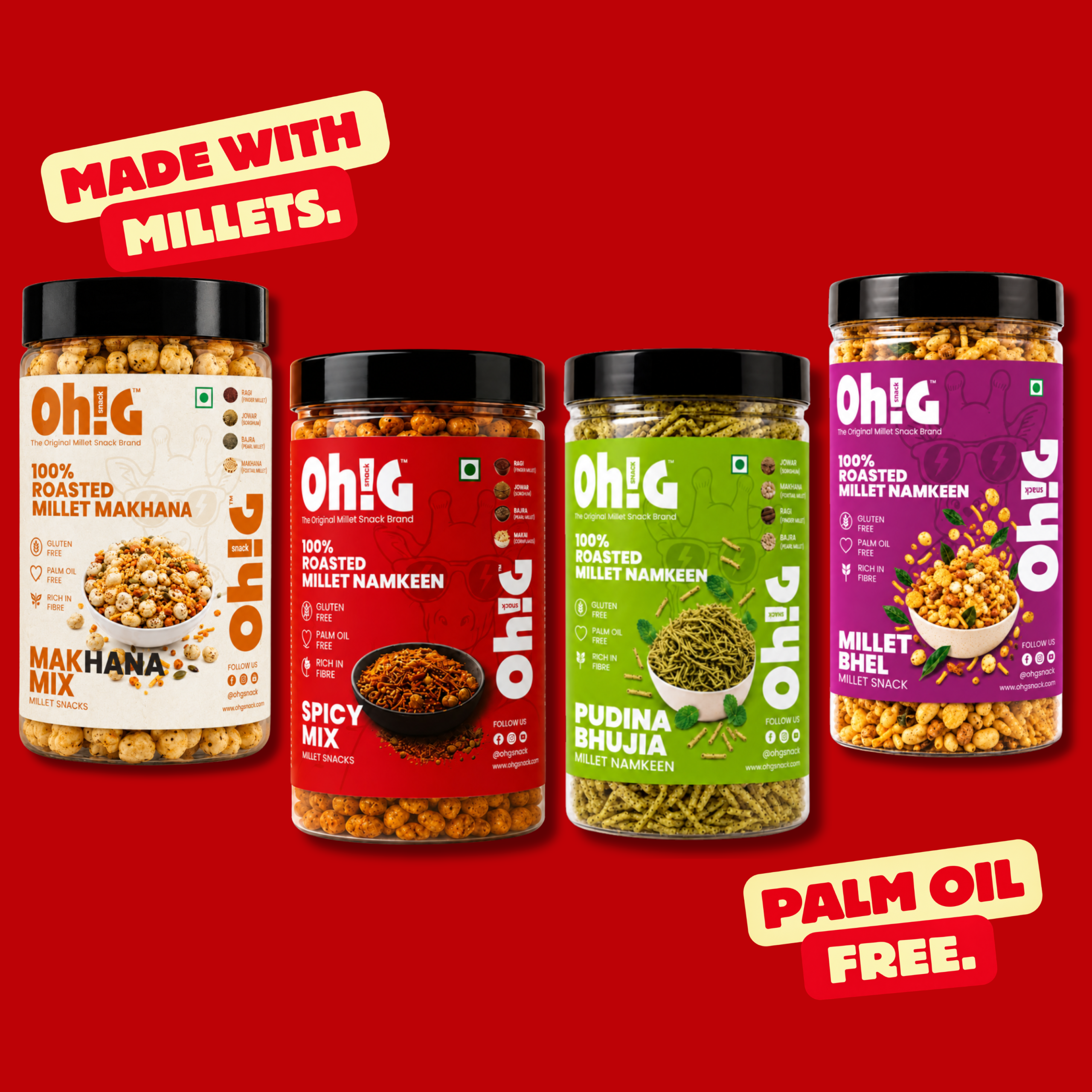 Oh!G Quad Crunch – Makhana Mix + Spicy Mix + Millet Bhel + Pudina Bhujia