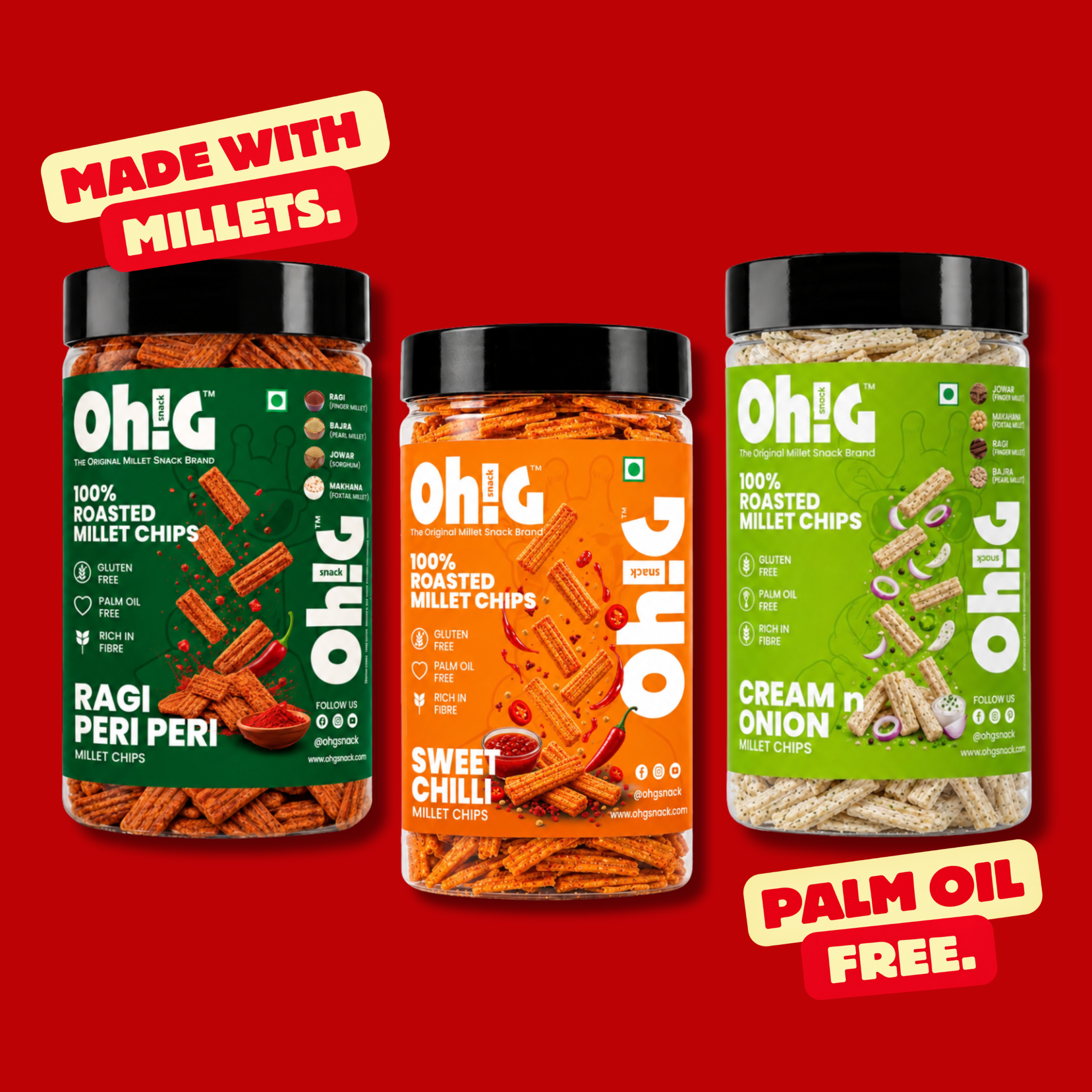 Oh!G Flavor Trio – Ragi Peri Peri + Sweet Chilli + Cream & Onion